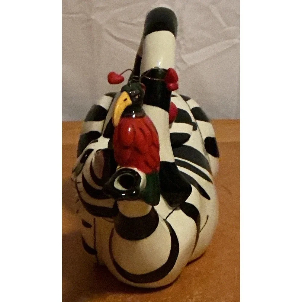 Blue Sky Teapot Clancy Hearts Black White Striped Cat Teapot Bird Hearts‎ Signed